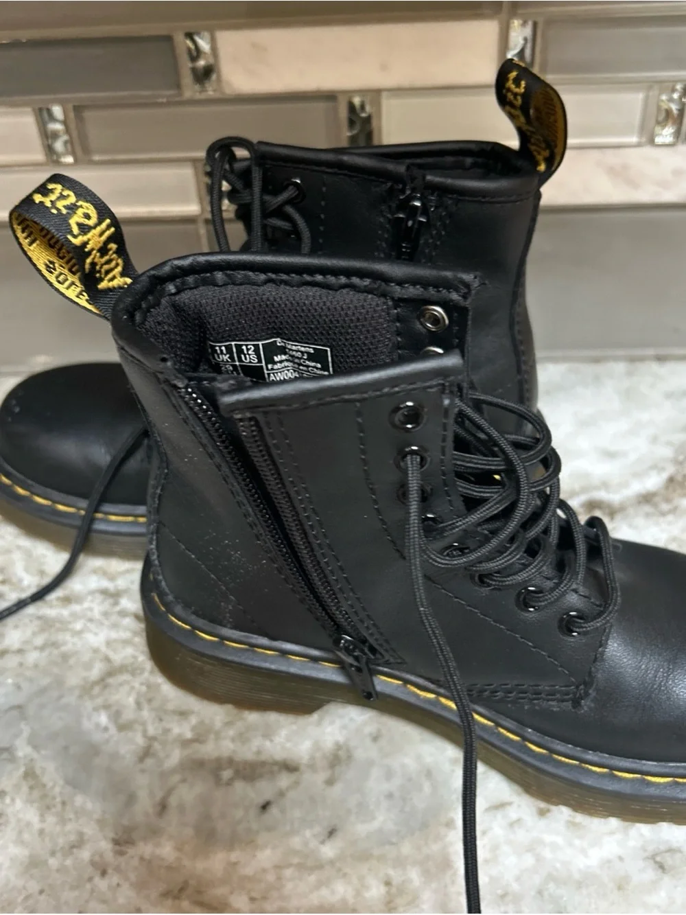 Dr. Martens Zavala  Kids Side Zip Combat Black Ankle Lace Up Leather Boots Sz 12